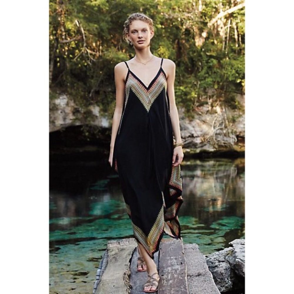 Anthropologie Black Maxi Slip Dress with Chevron Accent